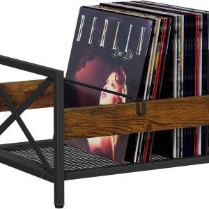 VYUOL Vinyl Record Storage Holder, Metal & Wooden Record Crates with Divider, Holds up to 50-100 Records, Vinyl Storage Album Storage Rack for Books,Files